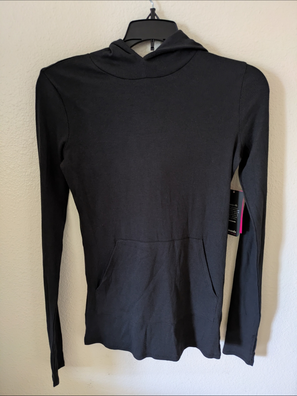 Commando Black Luxury Rib Hoodie Pullover with Front Pocket